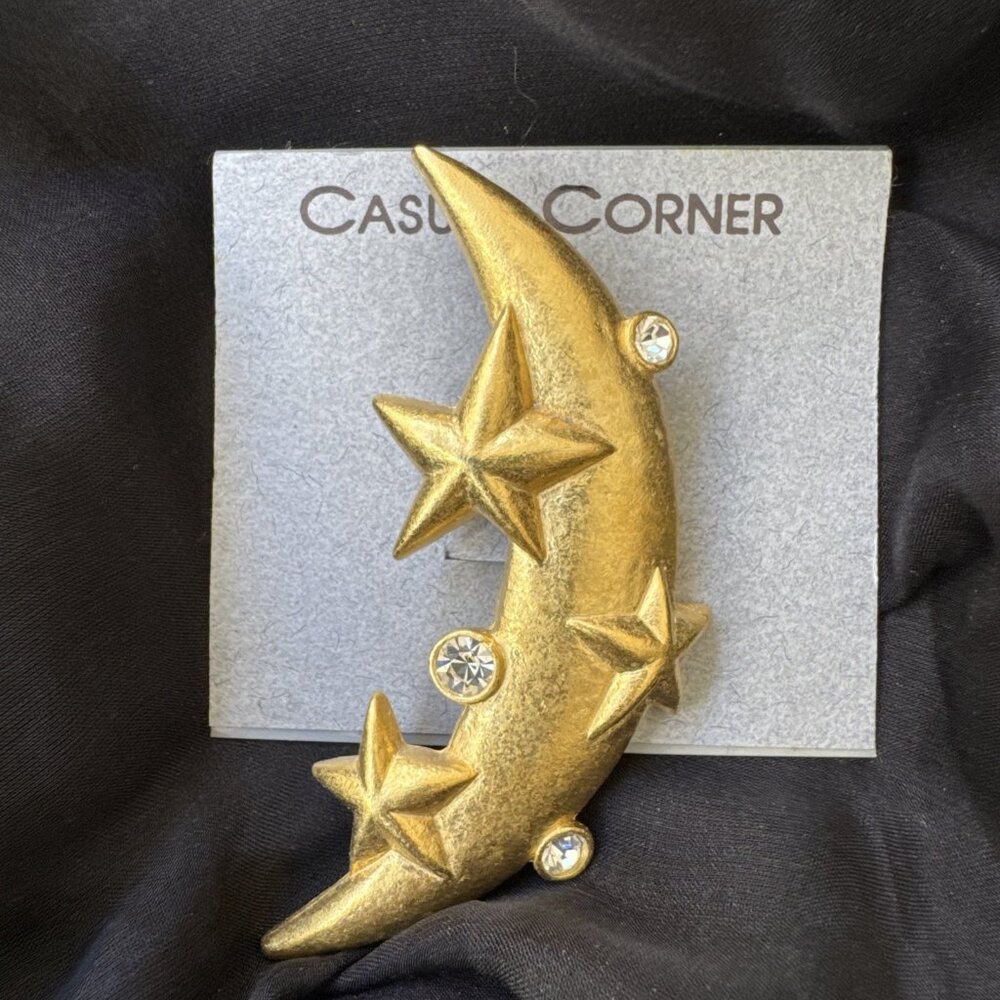 Large Vintage 80's Casual Corner Signed Gold Tone Moon Stars CZ Brooch NEW